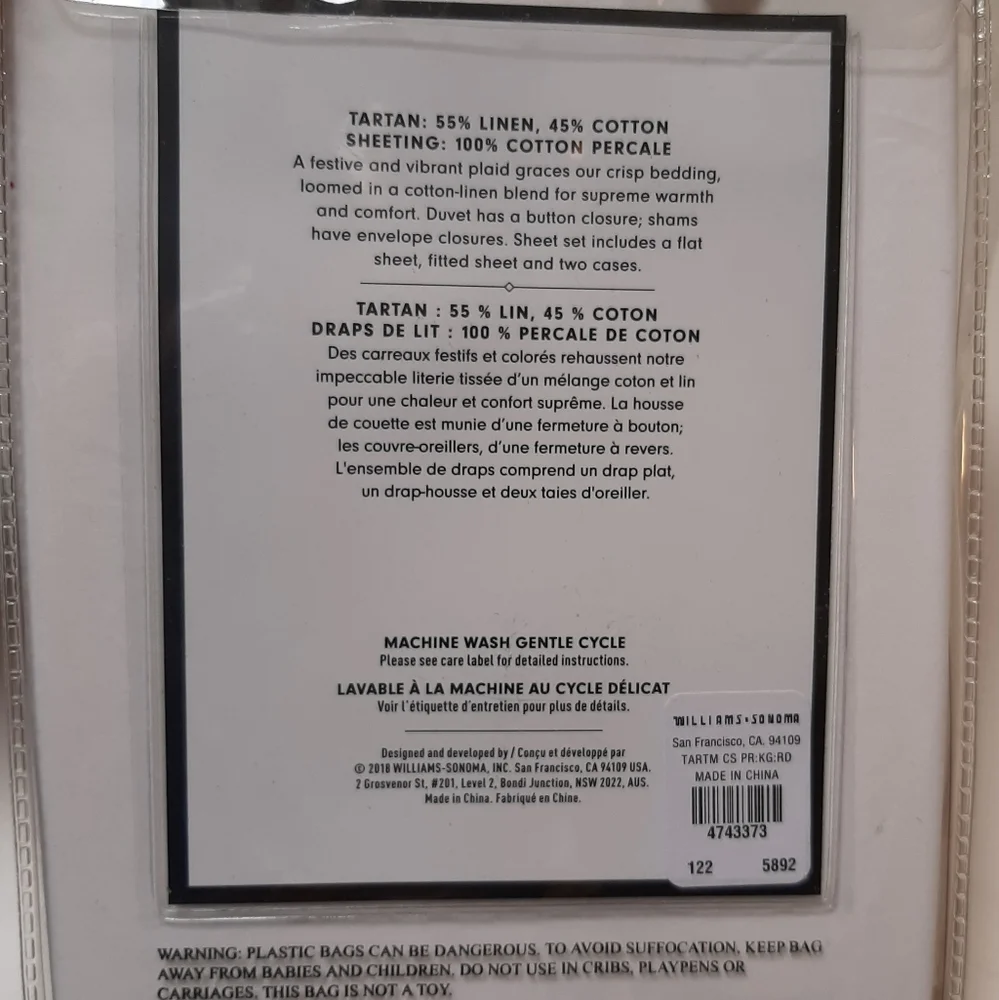 Williams Sonoma Tartan KING pillowcases (1 pair)